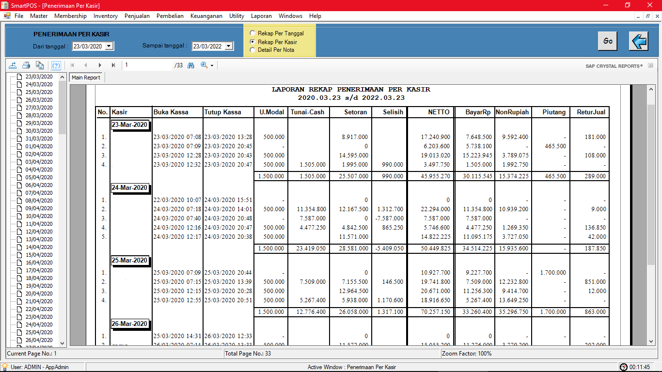 Screenshot Laporan Penerimaan Per Kasir